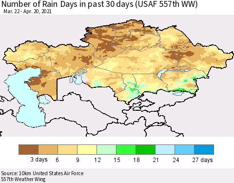 Kazakhstan Number of Rain Days in past 30 days (USAF 557th WW) 04/20/2021 Thematic Map For 4/16/2021 - 4/20/2021