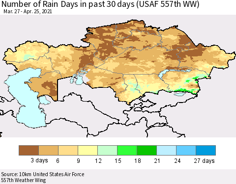 Kazakhstan Number of Rain Days in past 30 days (USAF 557th WW) 04/25/2021 Thematic Map For 4/21/2021 - 4/25/2021