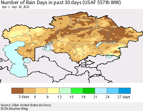 Kazakhstan Number of Rain Days in past 30 days (USAF 557th WW) 04/30/2021 Thematic Map For 4/26/2021 - 4/30/2021