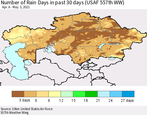 Kazakhstan Number of Rain Days in past 30 days (USAF 557th WW) 05/05/2021 Thematic Map For 5/1/2021 - 5/5/2021