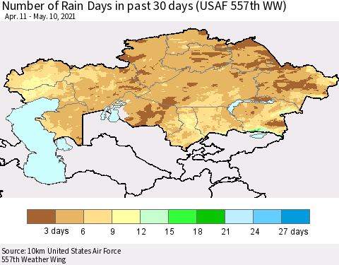 Kazakhstan Number of Rain Days in past 30 days (USAF 557th WW) 05/10/2021 Thematic Map For 5/6/2021 - 5/10/2021