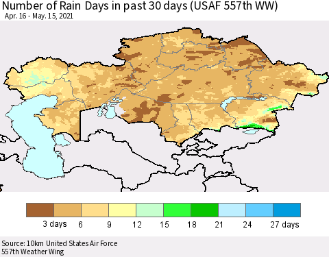 Kazakhstan Number of Rain Days in past 30 days (USAF 557th WW) 05/15/2021 Thematic Map For 5/11/2021 - 5/15/2021