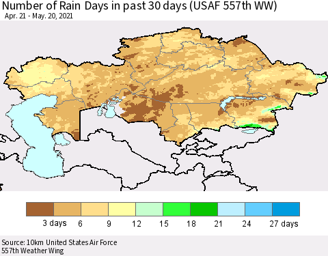 Kazakhstan Number of Rain Days in past 30 days (USAF 557th WW) 05/20/2021 Thematic Map For 5/16/2021 - 5/20/2021