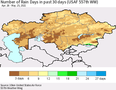 Kazakhstan Number of Rain Days in past 30 days (USAF 557th WW) 05/25/2021 Thematic Map For 5/21/2021 - 5/25/2021
