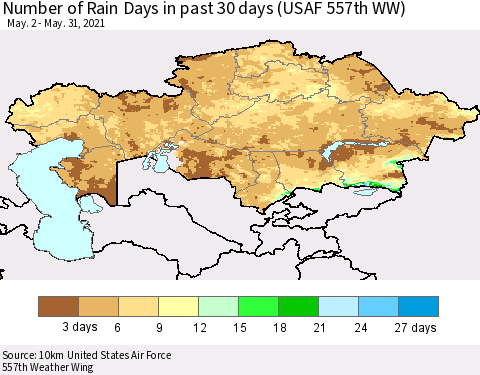 Kazakhstan Number of Rain Days in past 30 days (USAF 557th WW) 05/31/2021 Thematic Map For 5/26/2021 - 5/31/2021