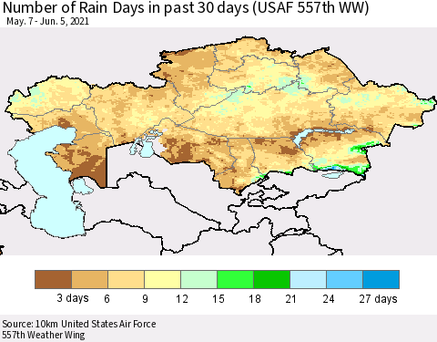 Kazakhstan Number of Rain Days in past 30 days (USAF 557th WW) 06/05/2021 Thematic Map For 6/1/2021 - 6/5/2021