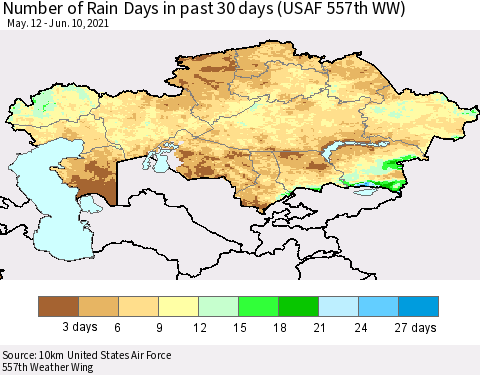 Kazakhstan Number of Rain Days in past 30 days (USAF 557th WW) 06/10/2021 Thematic Map For 6/6/2021 - 6/10/2021