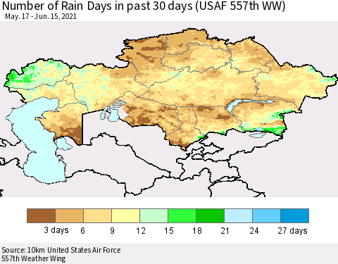 Kazakhstan Number of Rain Days in past 30 days (USAF 557th WW) 06/15/2021 Thematic Map For 6/11/2021 - 6/15/2021