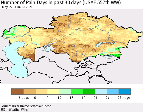 Kazakhstan Number of Rain Days in past 30 days (USAF 557th WW) 06/20/2021 Thematic Map For 6/16/2021 - 6/20/2021