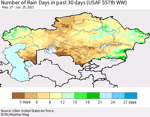 Kazakhstan Number of Rain Days in past 30 days (USAF 557th WW) 06/25/2021 Thematic Map For 6/21/2021 - 6/25/2021
