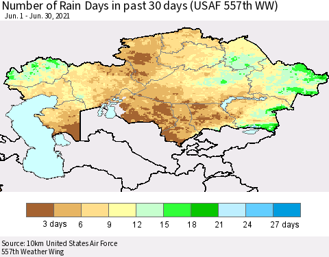 Kazakhstan Number of Rain Days in past 30 days (USAF 557th WW) 06/30/2021 Thematic Map For 6/26/2021 - 6/30/2021