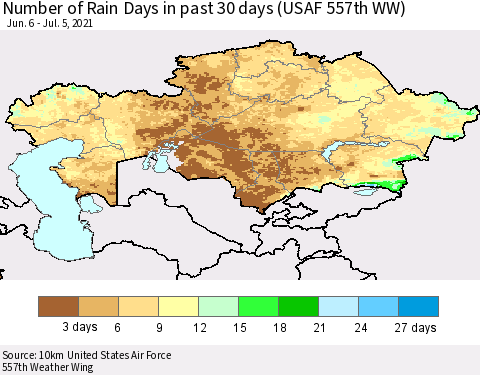 Kazakhstan Number of Rain Days in past 30 days (USAF 557th WW) 07/05/2021 Thematic Map For 7/1/2021 - 7/5/2021