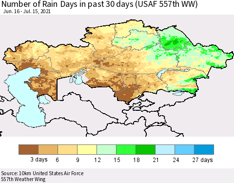 Kazakhstan Number of Rain Days in past 30 days (USAF 557th WW) 07/15/2021 Thematic Map For 7/11/2021 - 7/15/2021