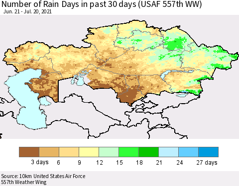 Kazakhstan Number of Rain Days in past 30 days (USAF 557th WW) 07/20/2021 Thematic Map For 7/16/2021 - 7/20/2021