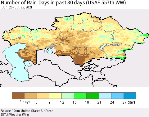 Kazakhstan Number of Rain Days in past 30 days (USAF 557th WW) 07/25/2021 Thematic Map For 7/21/2021 - 7/25/2021
