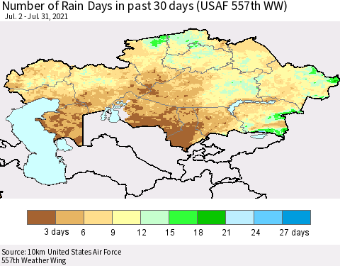 Kazakhstan Number of Rain Days in past 30 days (USAF 557th WW) 07/31/2021 Thematic Map For 7/26/2021 - 7/31/2021