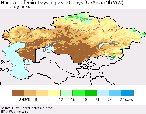 Kazakhstan Number of Rain Days in past 30 days (USAF 557th WW) 08/10/2021 Thematic Map For 8/6/2021 - 8/10/2021