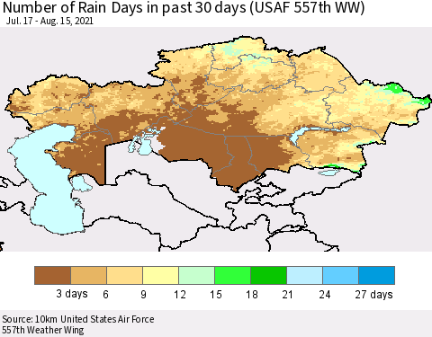 Kazakhstan Number of Rain Days in past 30 days (USAF 557th WW) 08/15/2021 Thematic Map For 8/11/2021 - 8/15/2021