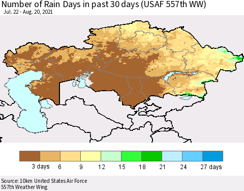 Kazakhstan Number of Rain Days in past 30 days (USAF 557th WW) 08/20/2021 Thematic Map For 8/16/2021 - 8/20/2021
