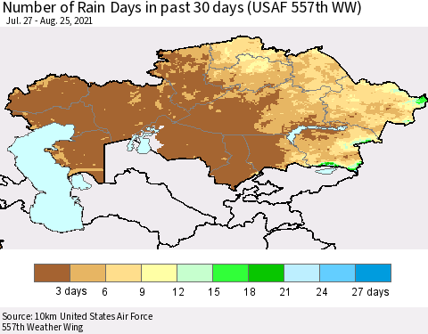 Kazakhstan Number of Rain Days in past 30 days (USAF 557th WW) 08/25/2021 Thematic Map For 8/21/2021 - 8/25/2021