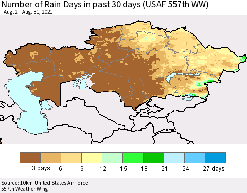 Kazakhstan Number of Rain Days in past 30 days (USAF 557th WW) 08/31/2021 Thematic Map For 8/26/2021 - 8/31/2021