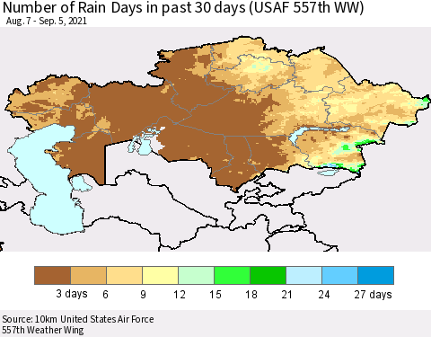 Kazakhstan Number of Rain Days in past 30 days (USAF 557th WW) 09/05/2021 Thematic Map For 9/1/2021 - 9/5/2021