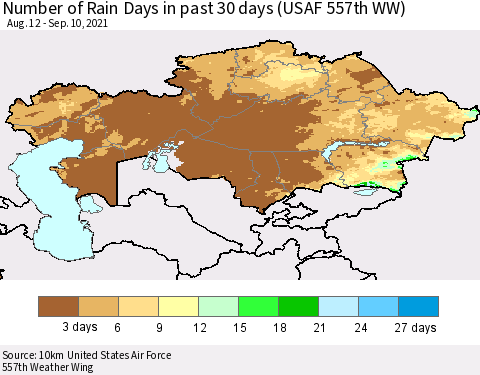 Kazakhstan Number of Rain Days in past 30 days (USAF 557th WW) 09/10/2021 Thematic Map For 9/6/2021 - 9/10/2021
