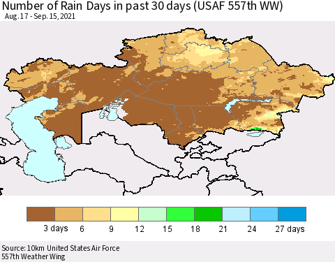 Kazakhstan Number of Rain Days in past 30 days (USAF 557th WW) 09/15/2021 Thematic Map For 9/11/2021 - 9/15/2021