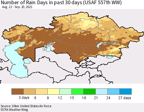 Kazakhstan Number of Rain Days in past 30 days (USAF 557th WW) 09/20/2021 Thematic Map For 9/16/2021 - 9/20/2021