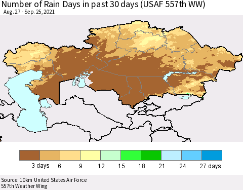 Kazakhstan Number of Rain Days in past 30 days (USAF 557th WW) 09/25/2021 Thematic Map For 9/21/2021 - 9/25/2021