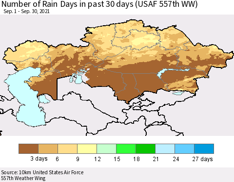 Kazakhstan Number of Rain Days in past 30 days (USAF 557th WW) 09/30/2021 Thematic Map For 9/26/2021 - 9/30/2021
