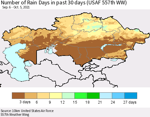 Kazakhstan Number of Rain Days in past 30 days (USAF 557th WW) 10/05/2021 Thematic Map For 10/1/2021 - 10/5/2021
