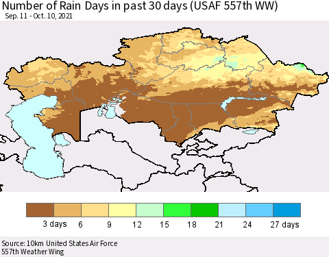 Kazakhstan Number of Rain Days in past 30 days (USAF 557th WW) 10/10/2021 Thematic Map For 10/6/2021 - 10/10/2021