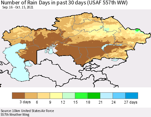 Kazakhstan Number of Rain Days in past 30 days (USAF 557th WW) 10/15/2021 Thematic Map For 10/11/2021 - 10/15/2021