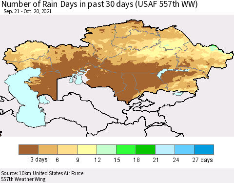 Kazakhstan Number of Rain Days in past 30 days (USAF 557th WW) 10/20/2021 Thematic Map For 10/16/2021 - 10/20/2021