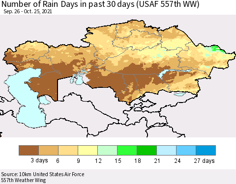 Kazakhstan Number of Rain Days in past 30 days (USAF 557th WW) 10/25/2021 Thematic Map For 10/21/2021 - 10/25/2021
