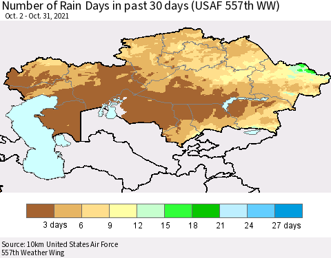 Kazakhstan Number of Rain Days in past 30 days (USAF 557th WW) 10/31/2021 Thematic Map For 10/26/2021 - 10/31/2021