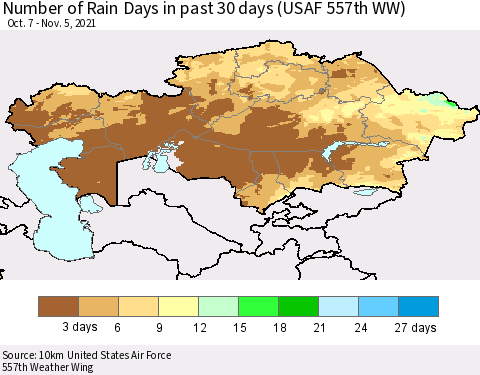 Kazakhstan Number of Rain Days in past 30 days (USAF 557th WW) 11/05/2021 Thematic Map For 11/1/2021 - 11/5/2021