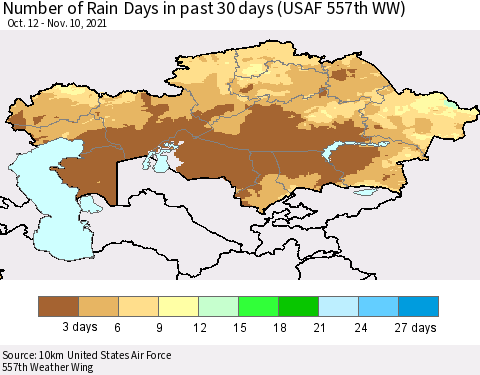 Kazakhstan Number of Rain Days in past 30 days (USAF 557th WW) 11/10/2021 Thematic Map For 11/6/2021 - 11/10/2021