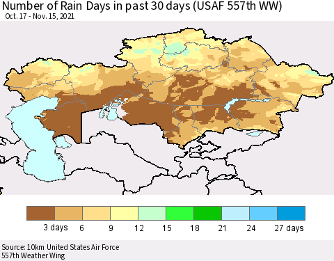 Kazakhstan Number of Rain Days in past 30 days (USAF 557th WW) 11/15/2021 Thematic Map For 11/11/2021 - 11/15/2021