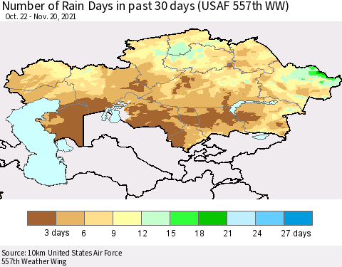 Kazakhstan Number of Rain Days in past 30 days (USAF 557th WW) 11/20/2021 Thematic Map For 11/16/2021 - 11/20/2021