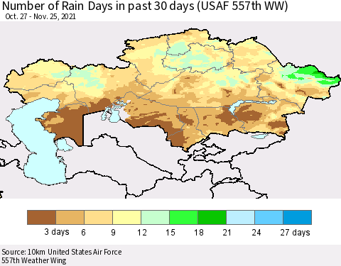 Kazakhstan Number of Rain Days in past 30 days (USAF 557th WW) 11/25/2021 Thematic Map For 11/21/2021 - 11/25/2021