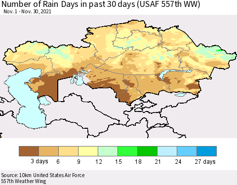 Kazakhstan Number of Rain Days in past 30 days (USAF 557th WW) 11/30/2021 Thematic Map For 11/26/2021 - 11/30/2021