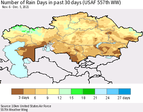 Kazakhstan Number of Rain Days in past 30 days (USAF 557th WW) 12/05/2021 Thematic Map For 12/1/2021 - 12/5/2021