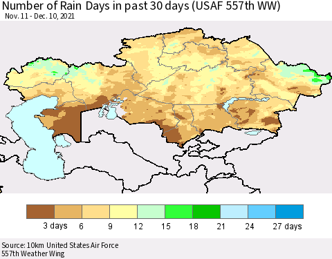 Kazakhstan Number of Rain Days in past 30 days (USAF 557th WW) 12/10/2021 Thematic Map For 12/6/2021 - 12/10/2021
