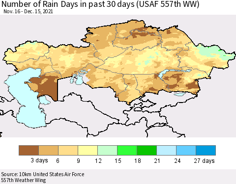 Kazakhstan Number of Rain Days in past 30 days (USAF 557th WW) 12/15/2021 Thematic Map For 12/11/2021 - 12/15/2021