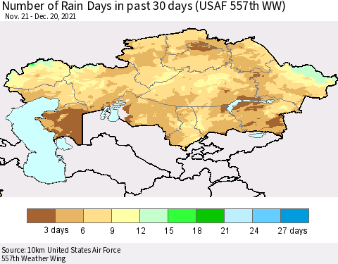 Kazakhstan Number of Rain Days in past 30 days (USAF 557th WW) 12/20/2021 Thematic Map For 12/16/2021 - 12/20/2021