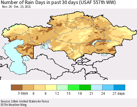 Kazakhstan Number of Rain Days in past 30 days (USAF 557th WW) 12/25/2021 Thematic Map For 12/21/2021 - 12/25/2021