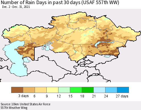 Kazakhstan Number of Rain Days in past 30 days (USAF 557th WW) 12/31/2021 Thematic Map For 12/26/2021 - 12/31/2021