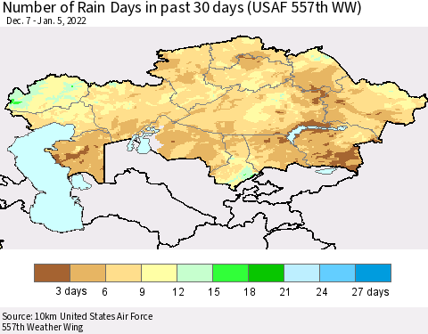 Kazakhstan Number of Rain Days in past 30 days (USAF 557th WW) 01/05/2022 Thematic Map For 1/1/2022 - 1/5/2022
